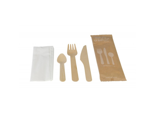 Kit couvert en bois 4en1 (fourchette + couteau + cuillère à dessert + serviette) (250pcs)