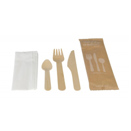 Kit couvert en bois 4en1 (fourchette + couteau + cuillère à dessert + serviette) (250pcs)